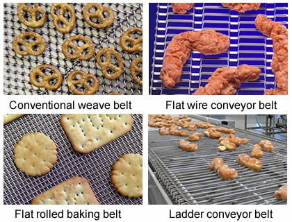 Four styles of steel conveyor belts for food industry.