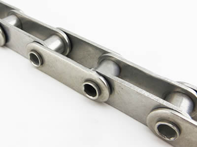 A piece of stainless steel hollow roller chain on the white background.