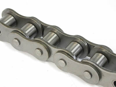 A piece of stainless steel ANSI roller chain with riveted pin.