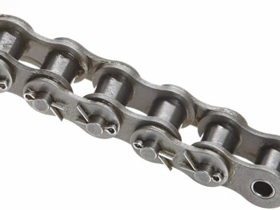 A piece of stainless steel ANSI roller chain with cotter pin.