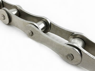 A piece of double pitch stainless steel single pitch roller chain on the white background.