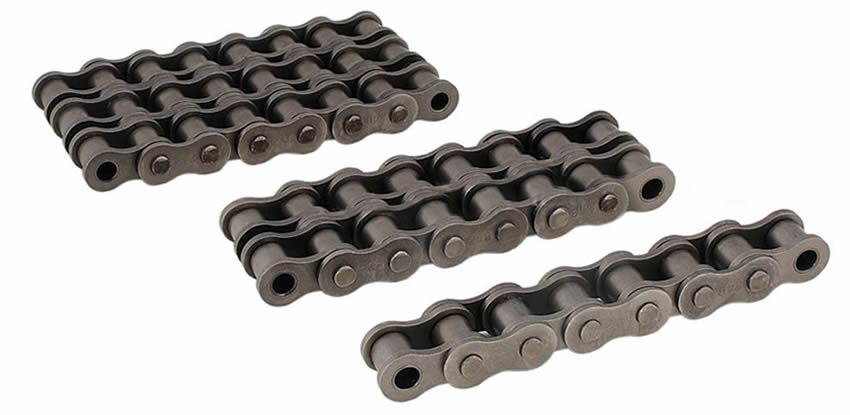 A single strand, a double strand and a triple strand roller chains on the white background.