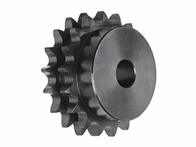 A double strand finished bore ANSI roller chain sprocket on the white background.