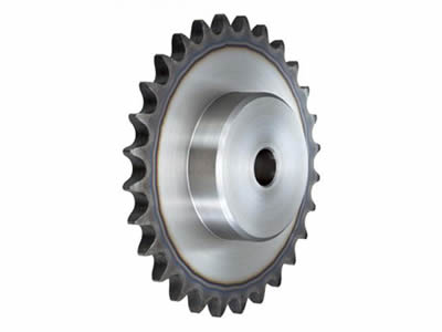 A piece of stainless steel type B plain bore ANSI roller chain sprocket on the white background.
