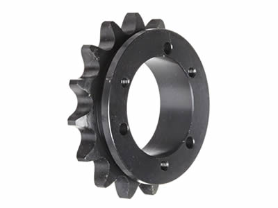 A carbon steel QD bushed ANSI roller chain sprocket on the white background.