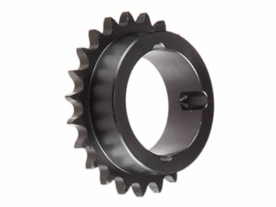 A carbon steel split taper bushed ANSI roller chain sprocket on the white background.