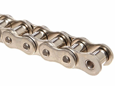 A piece of nickel plated anti-corrosive roller chains on the white background.
