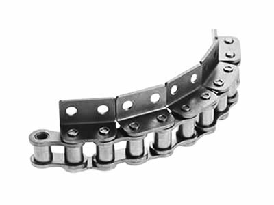A piece of curved attachment roller chain with bent attachment on the white background.