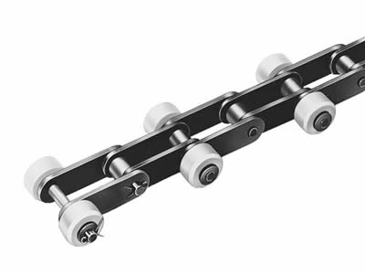 A piece of stainless steel attachment roller chains with white color plastic outboard.