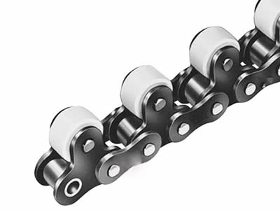 A piece of plastic top attachment roller chains on the white background.