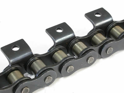 A carbon steel single pitch attachment roller chain with bent attachment.