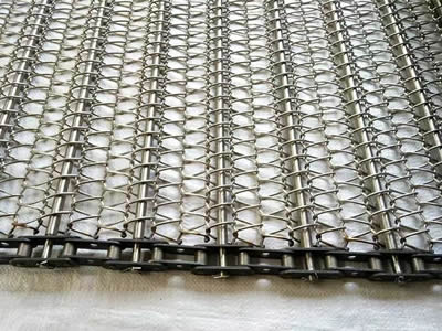 A piece of stainless steel balanced weave belt with chain link motivation.