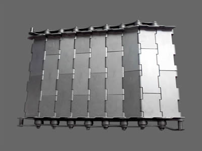A piece of stainless steel conveyor belt flat plate in flat chain plate on the white background.