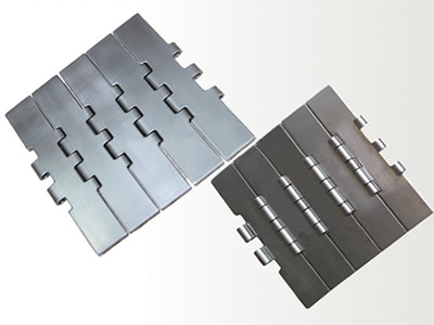 A front side and an opposite side view flat top chain with double hinge pin connection.