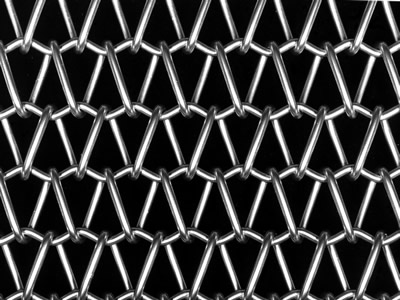 A piece of stainless steel balanced weave oven mesh belt in round wires on the black background