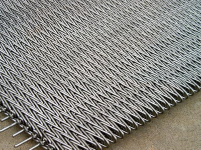 A piece of compound weave oven mesh belt made of round steel wires.