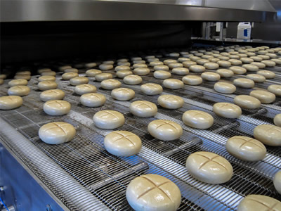 Several bread doughs on the rod network oven mesh belt are conveying into the oven.