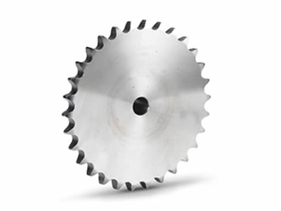 A stainless steel type A roller chain sprocket with plain surface standing on the white background.
