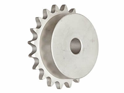 A stainless steel type B roller chain sprocket with hub extension on right side standing on the white background.