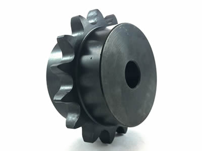 A carbon steel type C roller chain sprocket with hub extension on both side standing on the white background.